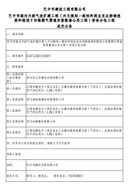 巴中市城內(nèi)天然氣改擴(kuò)建工程（興文規(guī)劃一路怡和藥業(yè)至眾彩物流段和規(guī)劃十四路燃?xì)夤艿腊惭b配套公用工程）勞務(wù)分包工程成交公告